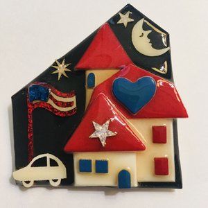 Lucinda House Pins ’ BROOCH’,  4th of July, Red White Blue Flag Star Heart Moon